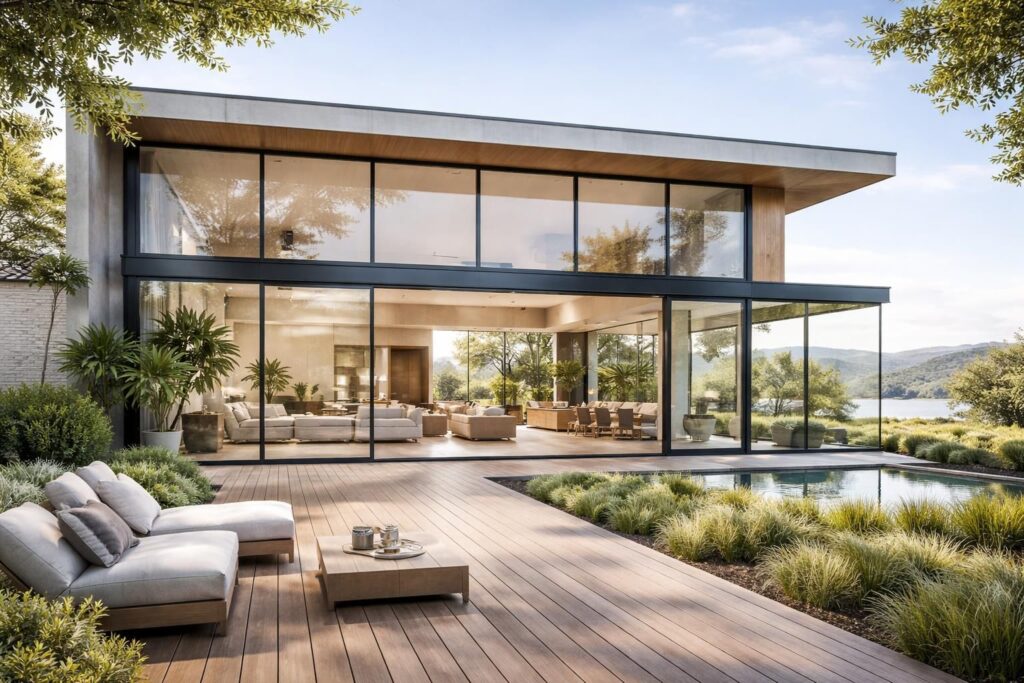 Maison moderne avec grande baie vitrée : le luxe de la lumière naturelle