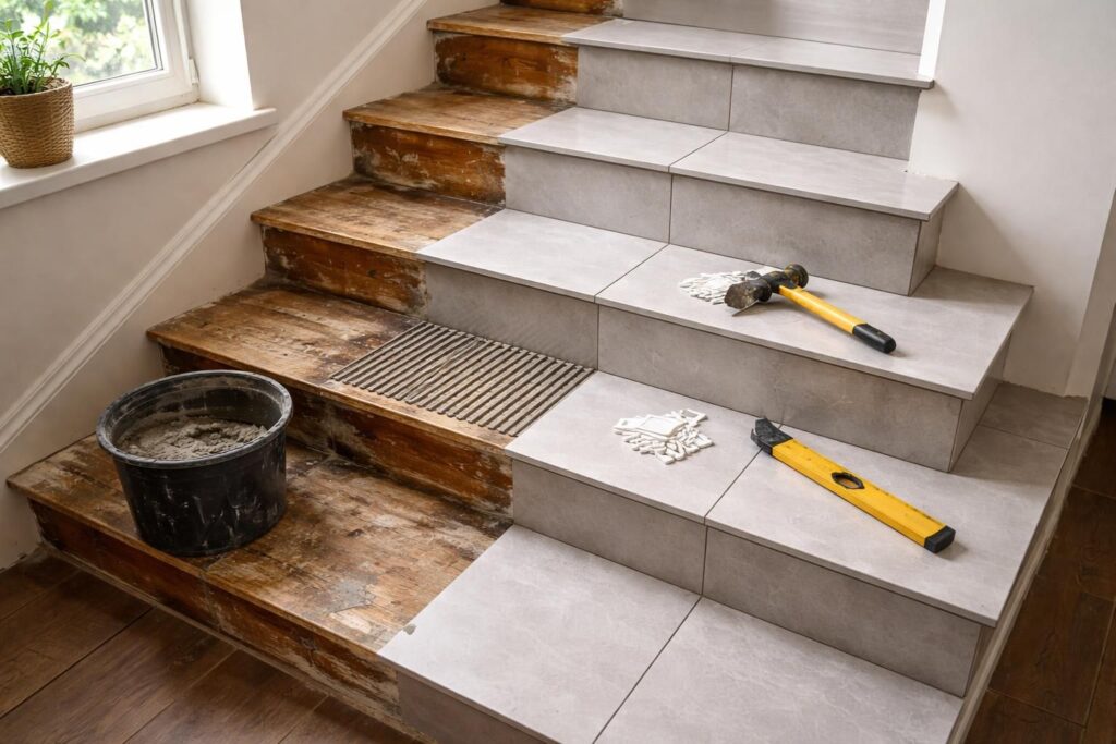 Rénovation d&rsquo;escalier intérieur : poser du carrelage sur des marches bois