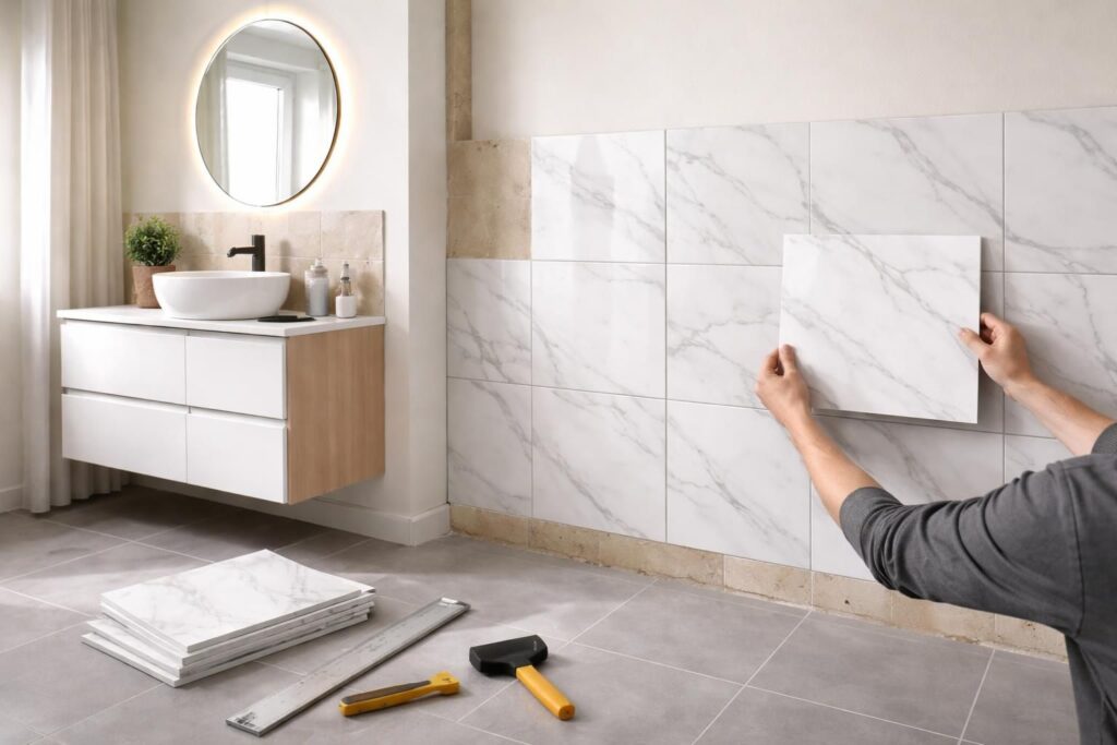 Pose de carrelage adhésif en salle de bain : une rénovation express et bluffante
