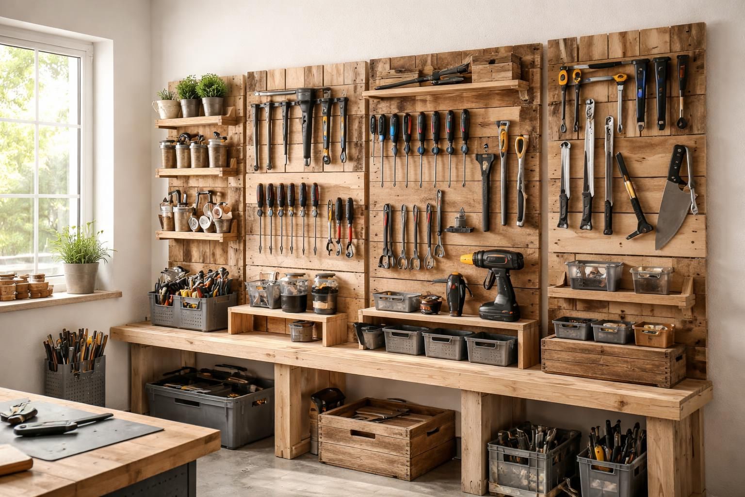 découvrez comment organiser votre atelier avec un rangement d'outils en palette, une solution écologique et économique utilisant des matériaux de récupération.
