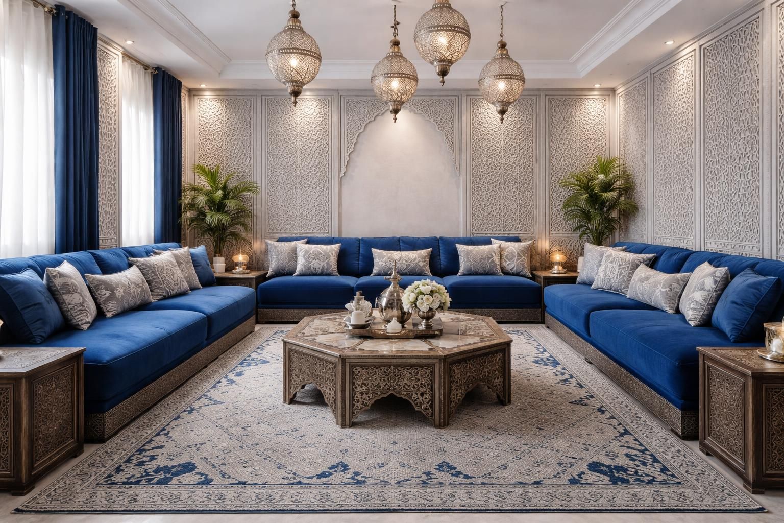 découvrez l'élégance orientale moderne avec notre salon marocain bleu roi et gris, alliant tradition et design contemporain pour un intérieur chic et raffiné.