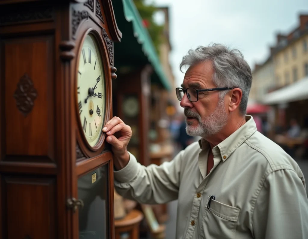Homme examinant le prix d'une horloge comtoise lors d'un vide-grenier en plein air