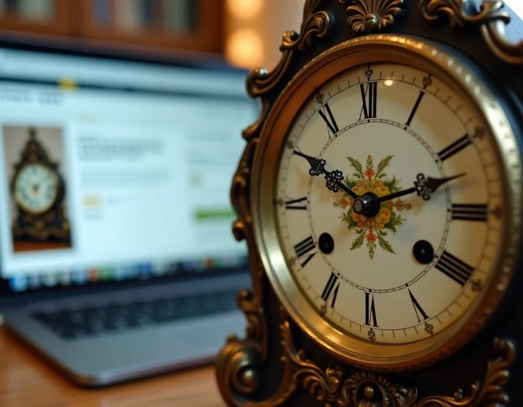 Gros plan sur le cadran émaillé d'une horloge comtoise comparé à un site de vente en ligne sur ordinateur portable