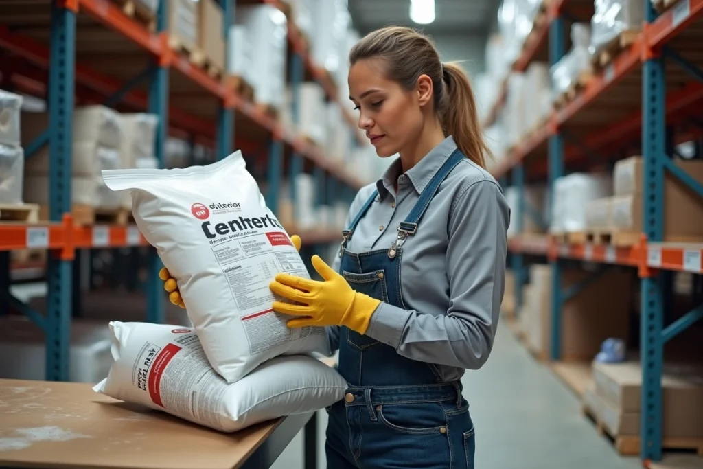 Femme auto-constructrice comparant des sacs d'enduit extérieur compatible polystyrène dans un magasin de bricolage