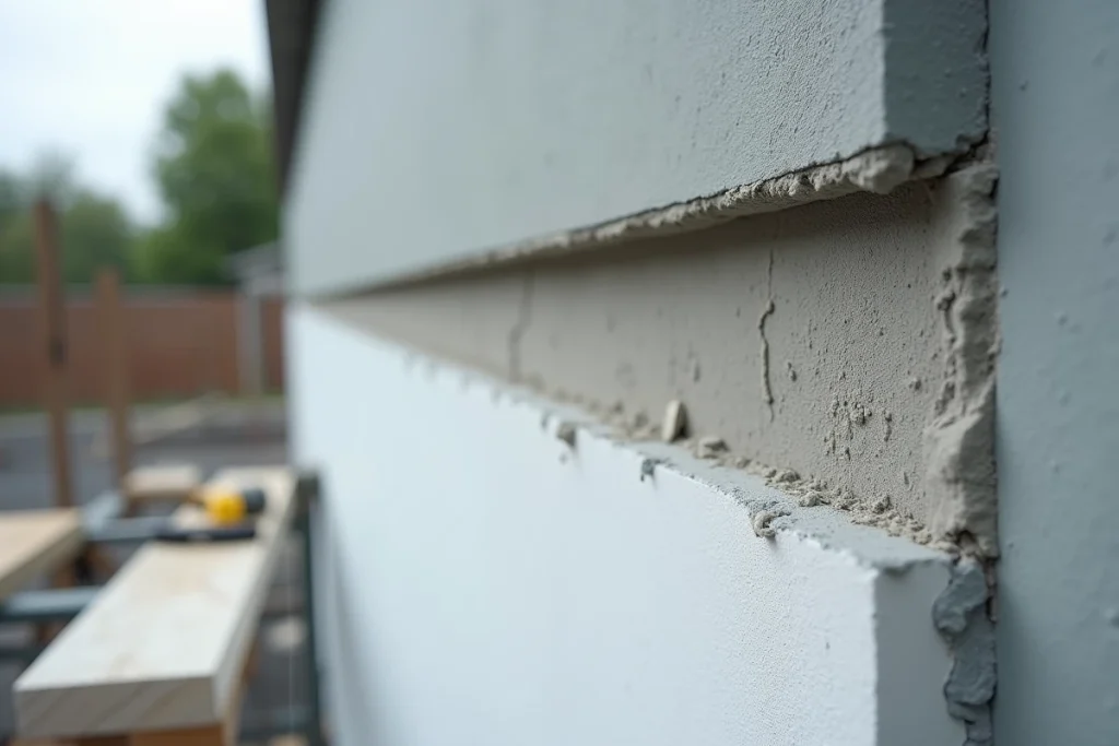 Coupe transversale d'un enduit de façade sur isolant polystyrène montrant les couches d'accroche et le treillis de renfort en fibre de verre