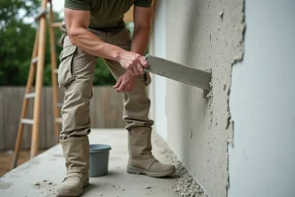 Auto-constructeur appliquant un enduit extérieur sur des panneaux de polystyrène avec une taloche en acier sur un chantier résidentiel