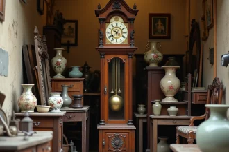 Horloge comtoise ancienne exposée dans une brocante avec cadran émaillé et balancier en laiton