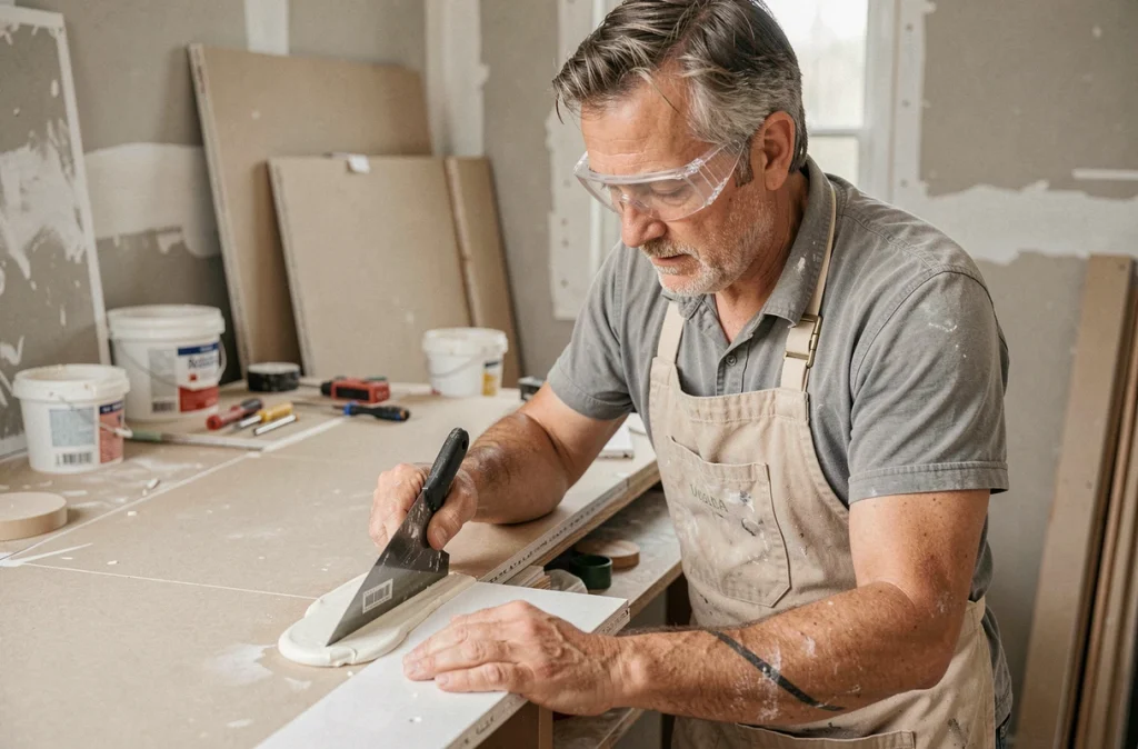 Artisan appliquant de l'enduit sur les joints d'un meuble TV en placo pour un rendu lisse et invisible