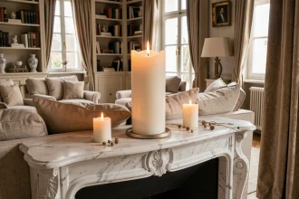 Grande bougie fausse flamme LED posée sur une cheminée en marbre blanc dans un salon classique français