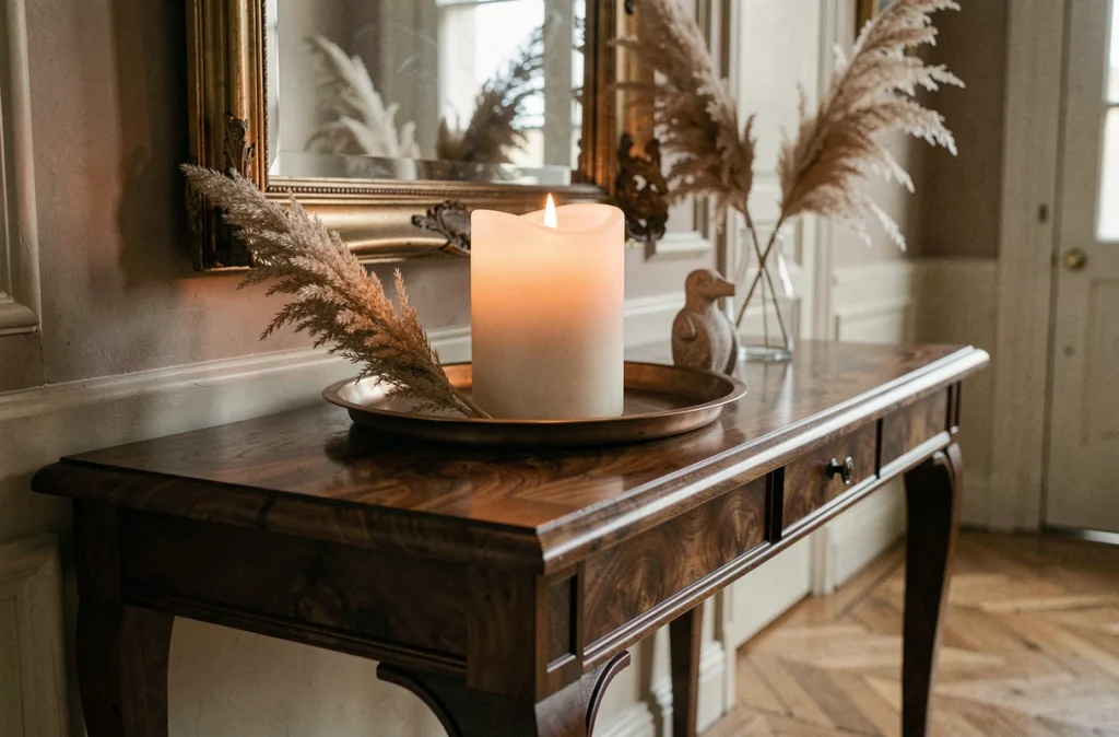 Bougie grand format fausse flamme sur console en noyer dans une entrée de style haussmannien