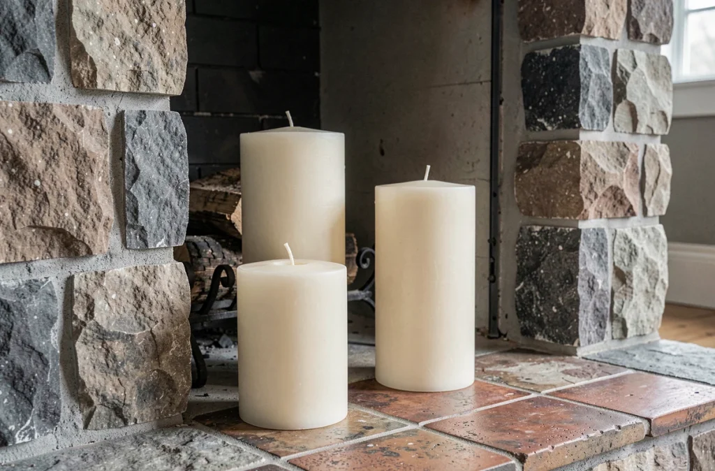 Deux bougies fausse flamme grand format disposées symétriquement dans une cheminée en pierre rustique