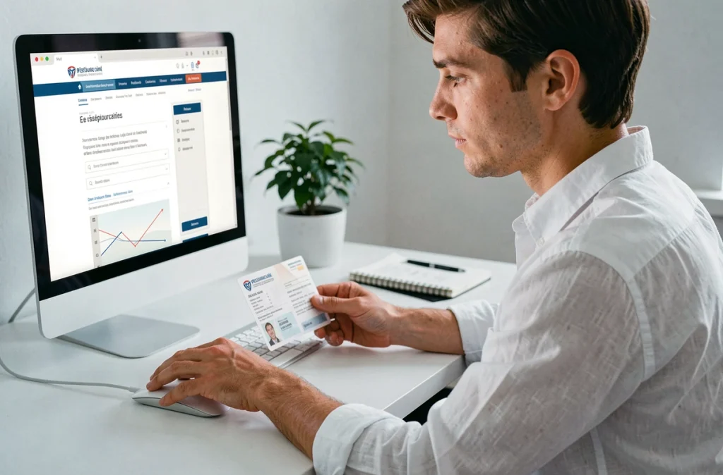 Personne effectuant un changement d'adresse en ligne sur un site administratif depuis un bureau à domicile
