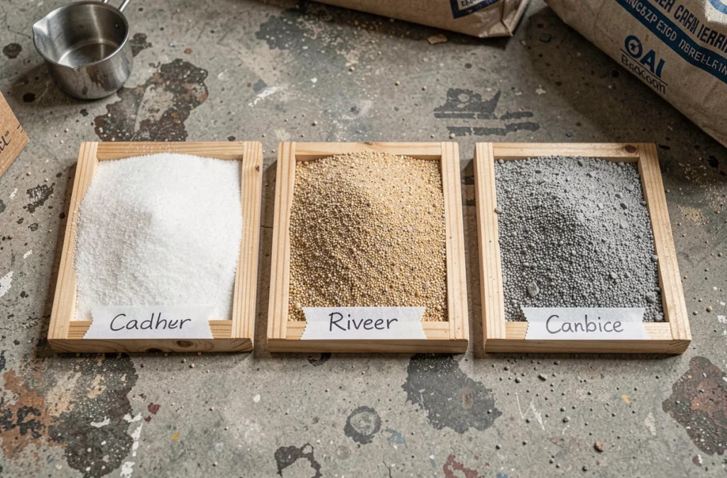 Comparaison de trois types de sable pour chape mortier : silice fine, sable de rivière et sable concassé