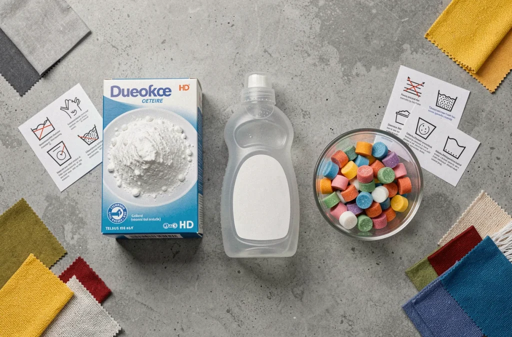 Vue du dessus comparant lessive en poudre, liquide et pods avec des fiches de symboles de lavage sur un plan de travail gris