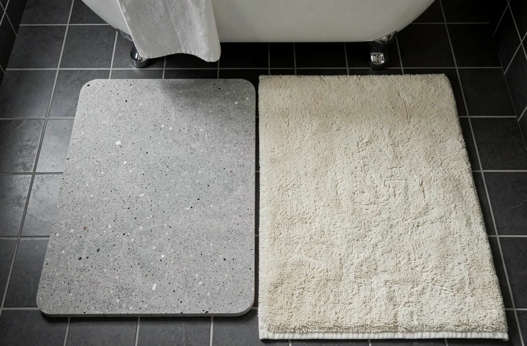 Comparaison côte à côte d'un tapis de bain en diatomite et d'un tapis en coton épais sur carrelage foncé
