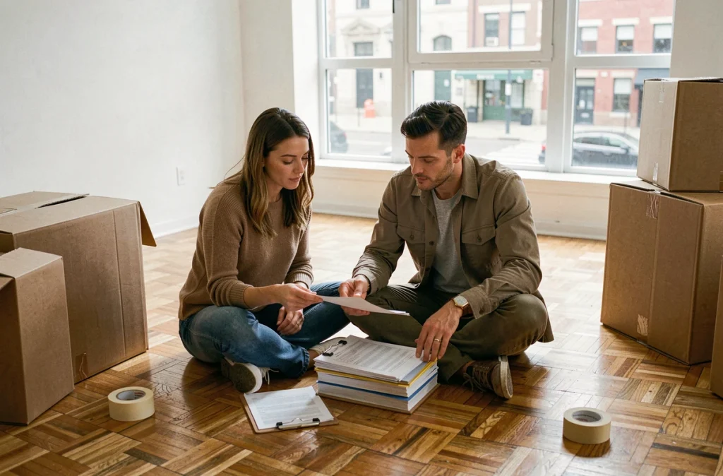 Couple assis sur le parquet d'un appartement vide consultant une liste de contrôle pour organiser la réexpédition de leur courrier pendant un déménagement
