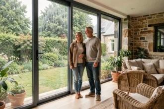 Couple de particuliers profitant de leur véranda Du Trégor installée sur une maison en pierre bretonne, vue intérieure avec jardin en arrière-plan