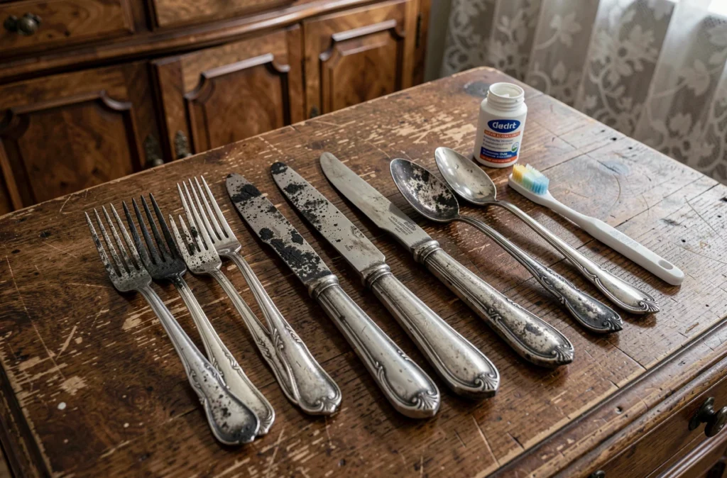 Couverts en argent noircis disposés sur une surface en bois avec du dentifrice et une brosse à dents pour nettoyage