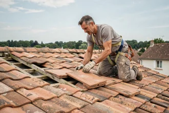 Couvreur posant des tuiles en terre cuite sur une toiture de maison individuelle de 120 m², vue en plongée grand angle