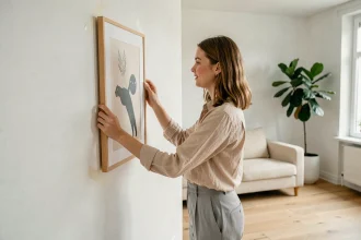Jeune femme accrochant un cadre sans percer grâce à des strips adhésifs repositionnables dans un salon de style scandinave