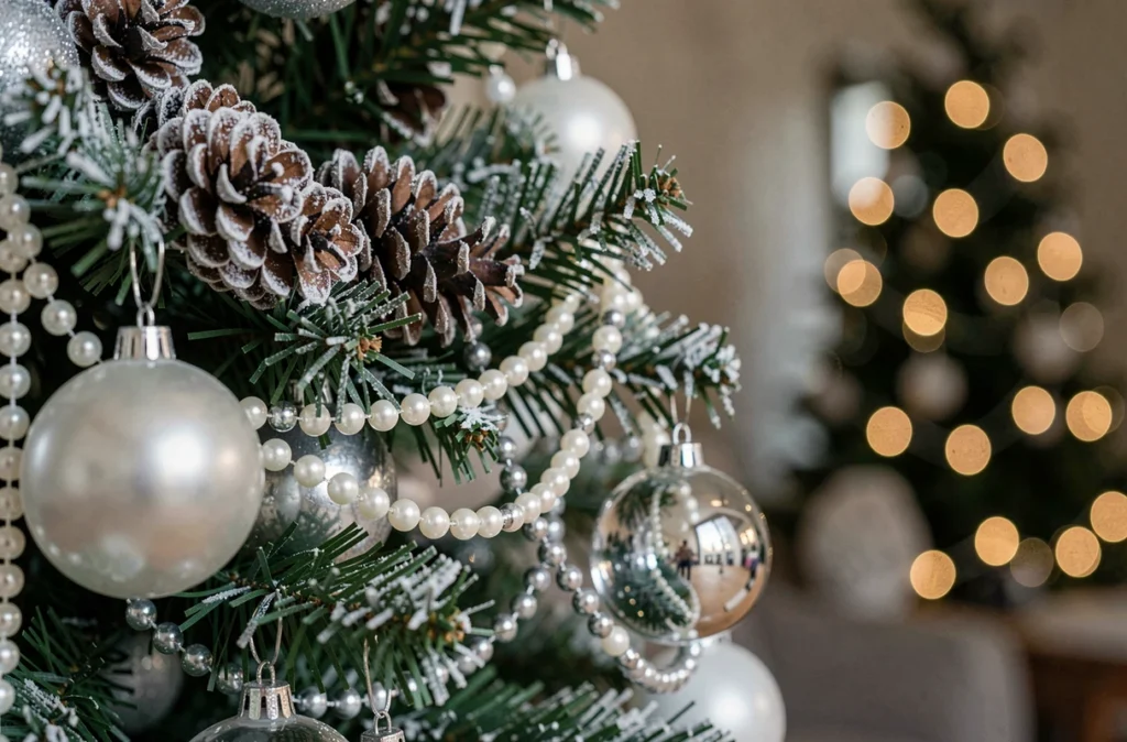 Gros plan sur une branche de sapin de Noël décorée de guirlandes en perles, pommes de pin givrées et chaîne argentée
