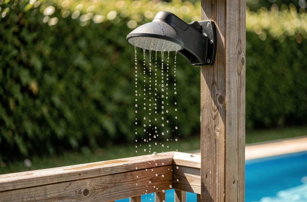Gros plan sur un réservoir et pomme de douche solaire en bois et plastique noir près d'une piscine
