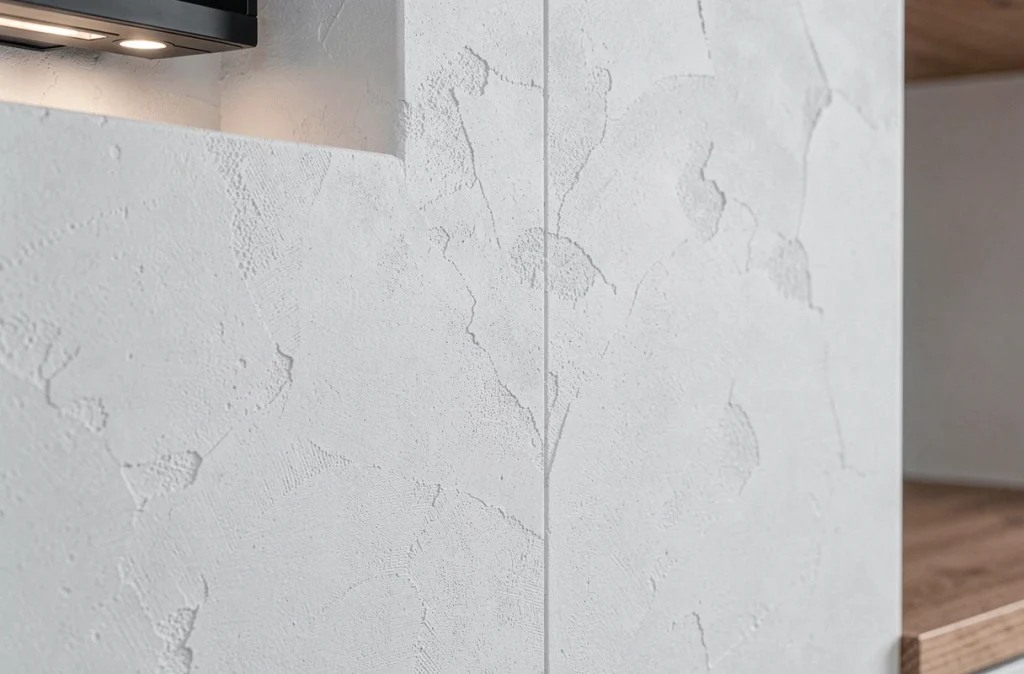 Gros plan sur une surface en placo parfaitement lissée et peinte sans joints visibles pour un meuble TV design