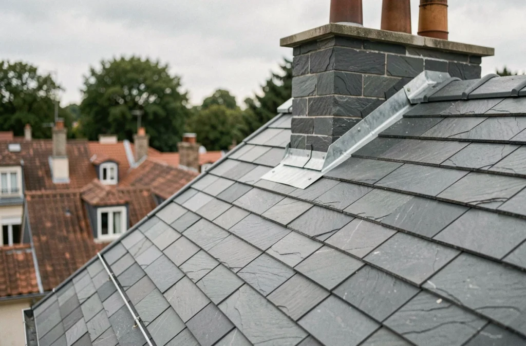 Détail d'une toiture rénovée en ardoise grise avec faîtage neuf et solins de cheminée sur maison française
