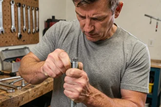 Homme vissant un boulon dans le sens antihoraire dans un atelier de bricolage à domicile