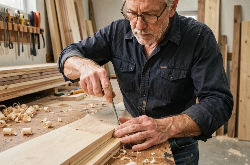 Artisan en train de dévisser une vis à tête fendue avec un tournevis plat dans un atelier de menuiserie