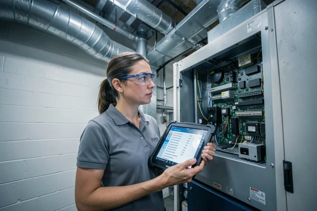 Technicienne diagnostiquant un code erreur sur un système VRF Hitachi en salle technique intérieure