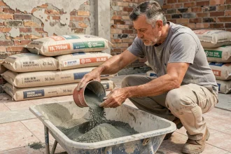 Ouvrier dosant du sable et du ciment pour préparer une chape mortier sur un chantier de rénovation