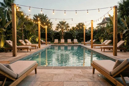 Terrasse de piscine moderne au crépuscule avec guirlandes lumineuses ambrées reflétées sur l'eau turquoise