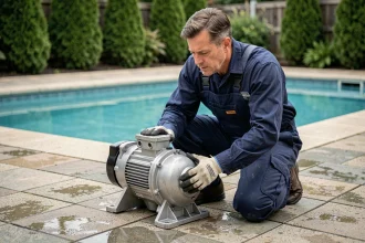 Technicien entretenant une pompe de piscine sur le bord d'une piscine résidentielle extérieure