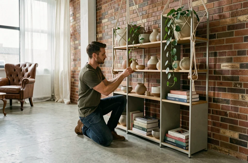 Homme aménageant une étagère modulaire sans fixation murale dans un appartement loft avec mur en briques apparentes