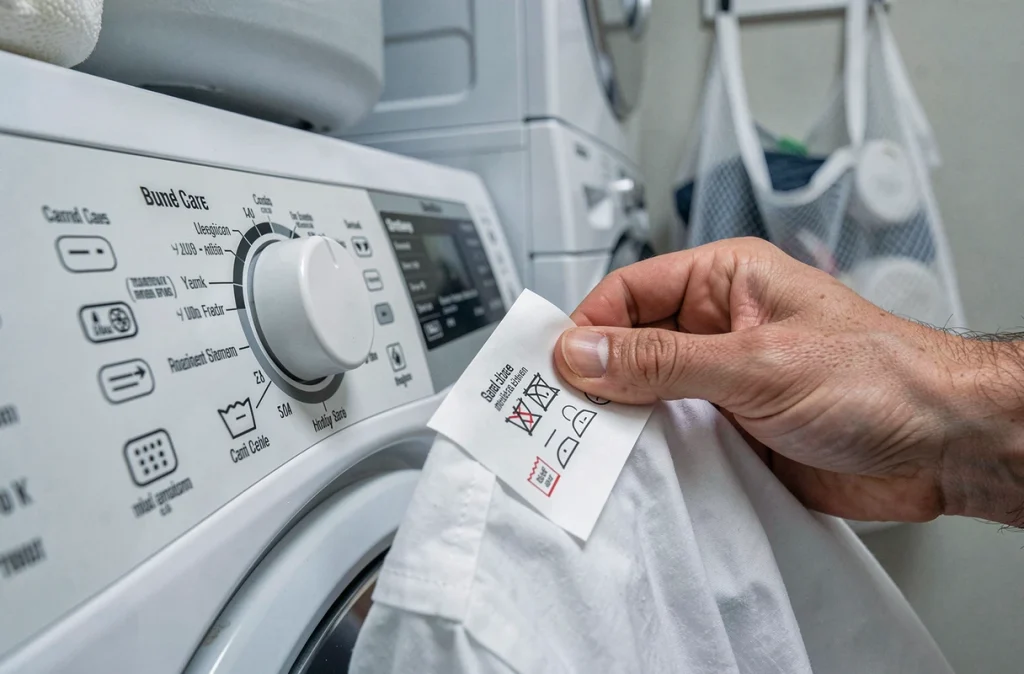 Main tenant une chemise avec étiquette d'entretien face au cadran symboles d'un lave-linge pour comprendre les pictogrammes de lavage