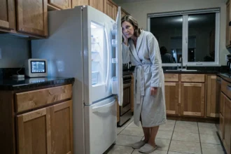 Femme inquiète qui écoute le bruit de son réfrigérateur la nuit dans une cuisine moderne