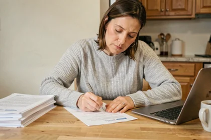Femme remplissant des formulaires administratifs de changement d'adresse à une table de cuisine en bois