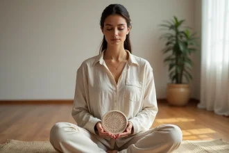 Femme en méditation tenant un mandala Fleur de Vie en céramique pour la protection énergétique