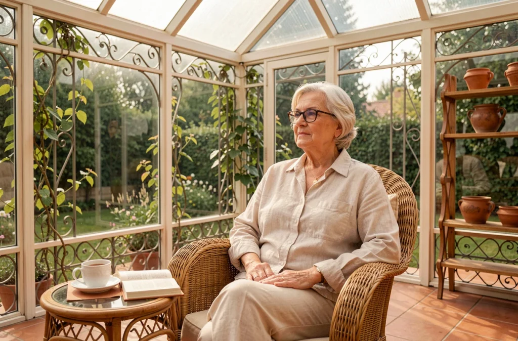 Femme senior profitant de sa véranda quatre saisons de style classique, assise dans un fauteuil en rotin avec vue sur son jardin
