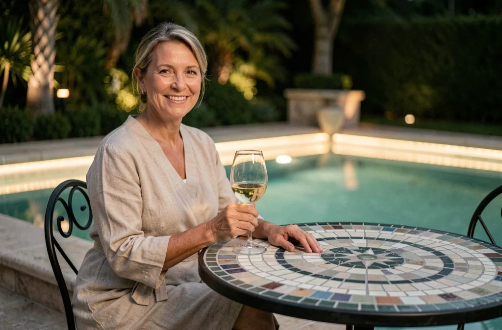 Femme élégante assise près d'une piscine éclairée en soirée avec un verre de vin blanc et des lumières LED sous le margelle