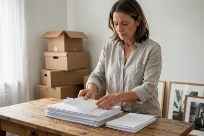 Femme triant son courrier postal sur une table en bois entourée de cartons de déménagement dans un appartement en cours de vidage