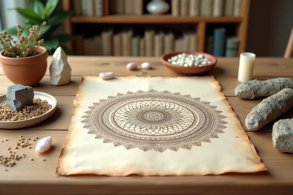 Flat lay d'un mandala Fleur de Vie dessiné à la main entouré de cristaux et de sauge séchée pour la protection énergétique