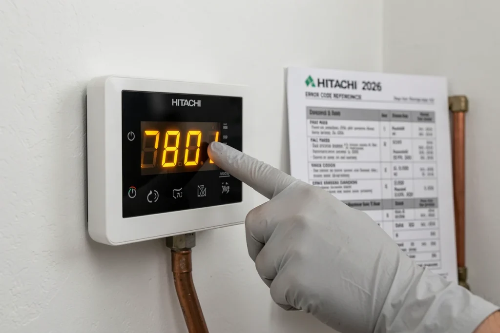 Gros plan sur l'affichage d'un code erreur sur le panneau de commande d'une pompe à chaleur Hitachi