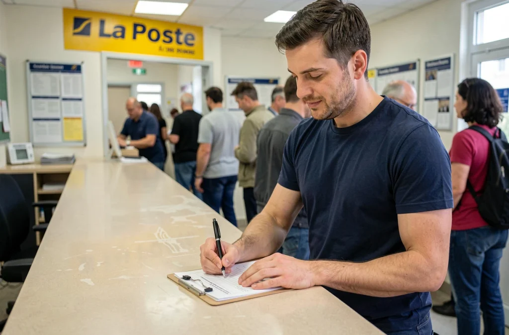 Homme remplissant un formulaire de réexpédition de courrier au guichet d'un bureau de poste lors d'un déménagement
