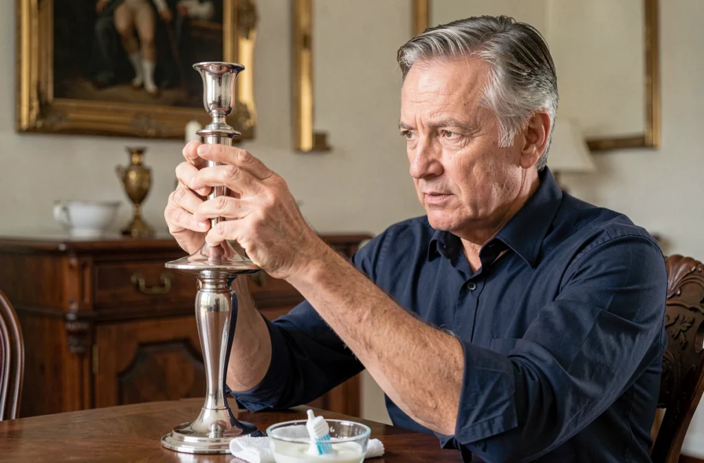 Homme inspecte un chandelier en argent poli après nettoyage dans une salle à manger traditionnelle avec chiffon et dentifrice