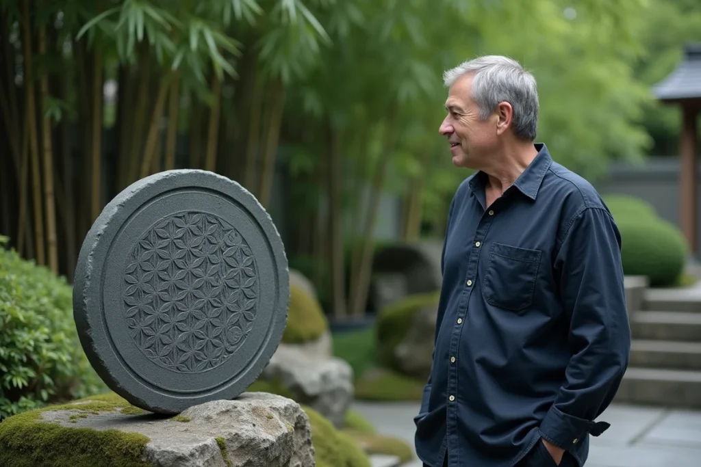 Homme contemplant un disque en pierre gravé d'un mandala Fleur de Vie dans un jardin zen pour la protection énergétique