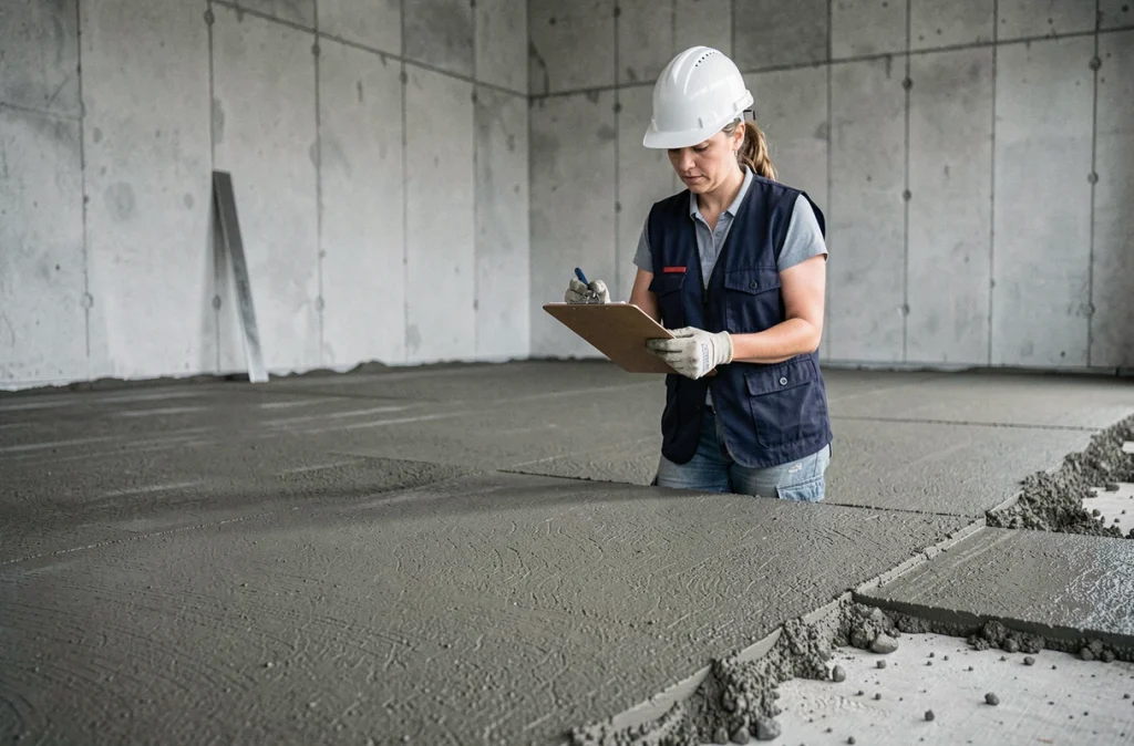 Ingénieure en bâtiment inspectant la qualité d'une chape mortier fraîchement coulée dans un chantier intérieur