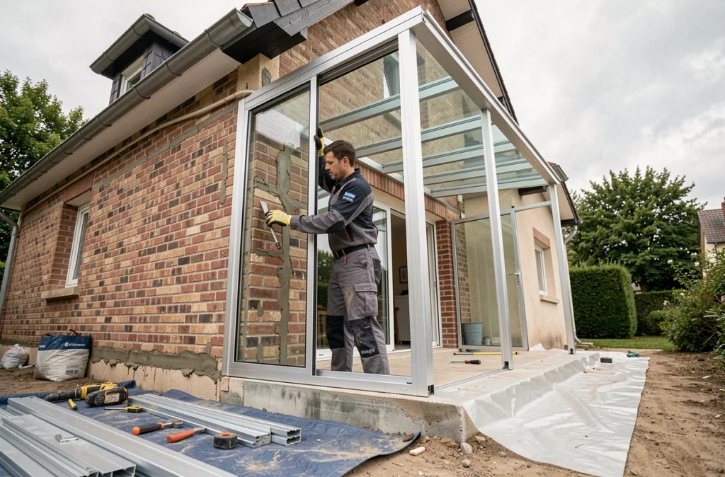 Installateur professionnel posant une véranda en aluminium contemporaine sur un pavillon français, chantier en cours avec profilés et structure en verre