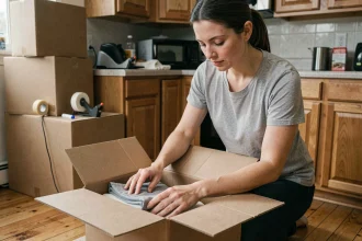 Femme préparant un carton de première nécessité dans une cuisine en cours de déménagement